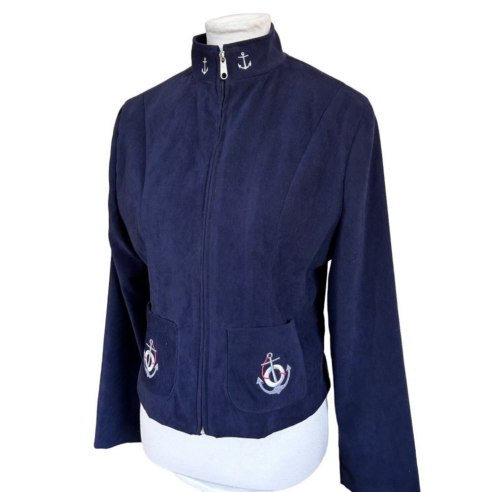 Vintage Jacket Womens Size Medium Nautical Embroidered Anchor Navy Fitted Blazer